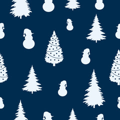 Seamless pattern with Christmas trees and snowman on a dark blue background