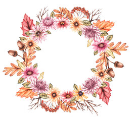 Watercolor autumn wreath on a white background