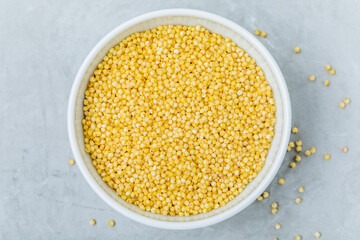 Millet. Organic raw dry Millet grains in bowl on gray stone background