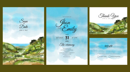 Beautiful mountain and beach landscape watercolor background on wedding invitation