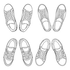 Set of vector hand drawing illustration with classic sport shoes, casual sneakers, gym shoes, top view. Doodle illustration