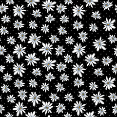 Seamless pattern with simple chamomile flower isolated on black background.