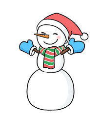 手袋とサンタ帽子をかぶる三段重ねの雪だるま