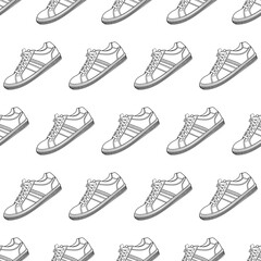 Trendy pattern with fashion classic hand drawn sneakers shoes on a white background, front view. The concept of minimalism, beauty and fashion. Vector outline doodle illustration.