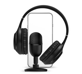 Podcast audio equipment. Audio microphone, sound headphones, podcast application on mobile smartphone screen. Recording sound voice on dark background. Live online radio player mockup banner.