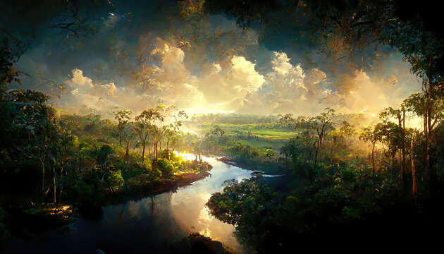 AI generated image of a river flowing through a thick Amazon rain forest 