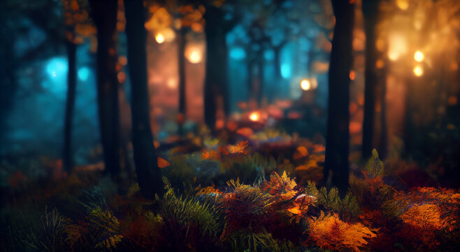 colorful Very beautiful fall forest at night with an epic fall foliage. Gloomy fantasy forest scene at night with glowing lights 8k wallpaper 