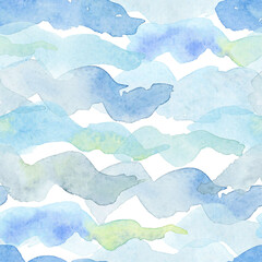 Seamless minimalistic pattern with watercolor blue waves.Delicate abstract pattern with spots and strokes, hand-painted with watercolor for fabric or background