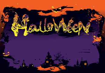 Halloween illustration. Horizontal banner with an inscription on a night background. Frame, flyer. Vector illustration