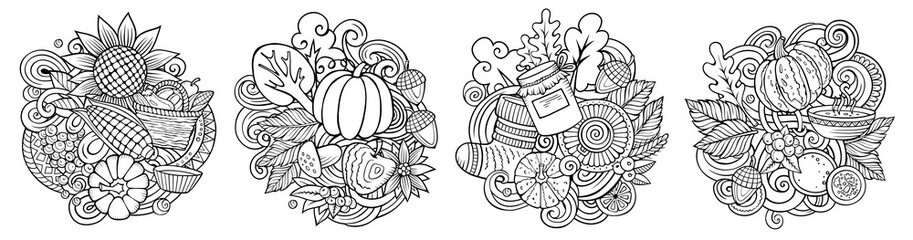Autumn cartoon vector doodle designs set