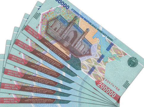 Paper money from Uzbekistan. Uzbekistani soum. Close up banknotes from Uzbekistan
