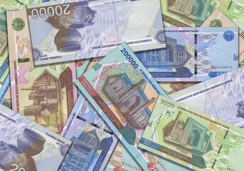 Paper money from Uzbekistan. Uzbekistani soum. Close up banknotes from Uzbekistan