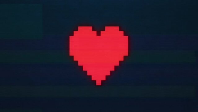 video game pixel heart loop glitch interference animation on digital old tv screen new dynamic holiday retro joyful colorful retro vintage video footage