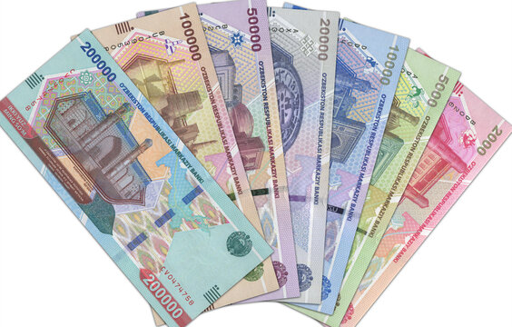 Paper money from Uzbekistan. Uzbekistani soum. Close up banknotes from Uzbekistan