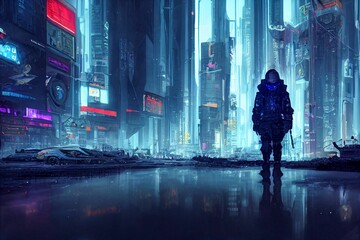 Digital illustration of a cyborg in a futuristic modern cyberpunk city