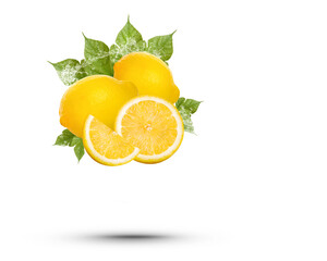 Water Splash on fresh lemon With leaves isolated on transparent background (.PNG)