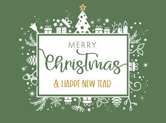 Merry Christmas lettering with ornaments and decoration - green- golden - white