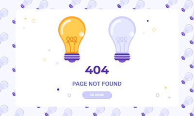 404 error web page. Page not found banner template. Flat illustration of on and off light bulbs for design template of fail and error 