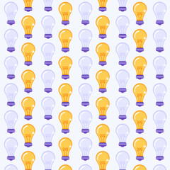 Seamless pattern with bulb lamp icons on purple background for poster, banner, wallpaper. Wrapping Paper Pattern, scrapbook patterns, textile and other design. Light on and off