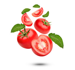 Fresh tomatoes with leaves isolsted on transparent background (.PNG)