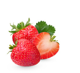 Fresh Strawberries with leaves isolated on transparent background (.PNG)