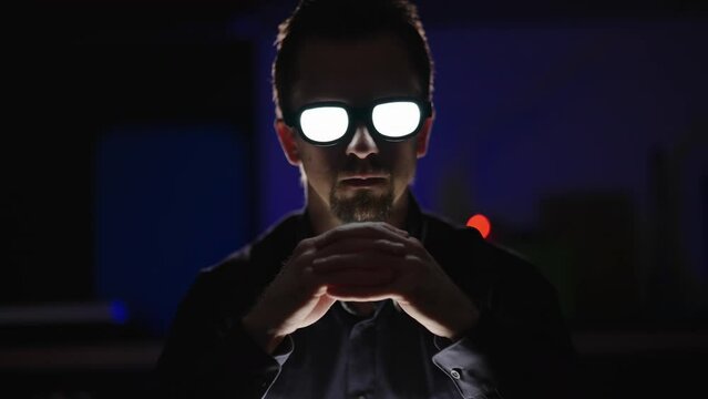 Live action anime villain with glowing glasses think while look into camera 4K