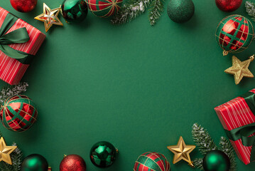 Christmas Eve concept. Top view photo of gift boxes with ribbon bows green red baubles gold star...