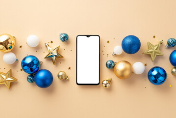 Christmas Day concept. Top view photo of mobile phone star ornaments confetti white blue and gold baubles on isolated beige background with blank space
