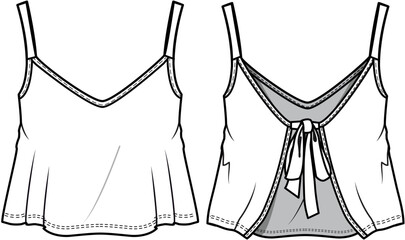 Strappy Crop Top with Back Knot Front and Back View. Fashion Illustration, Vector, CAD, Technical Drawing, Flat Drawing, Template, Mockup.
