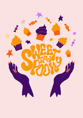 Vector set of Halloween party invitations or greeting cards with handwritten calligraphy and traditional symbols. Vector illustration