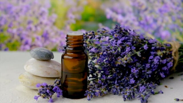 Lavender essential oil and cosmetics. Selective focus.