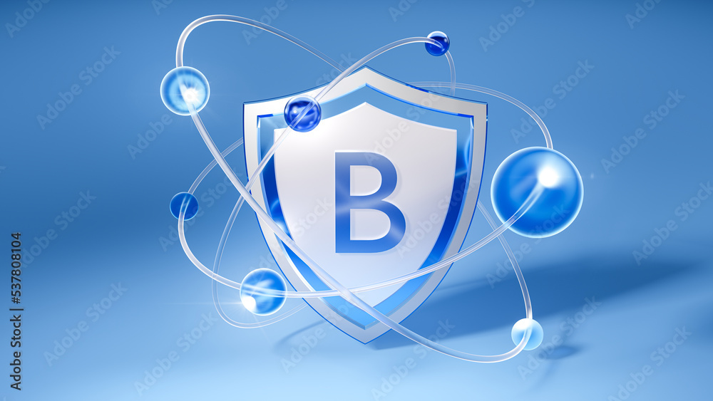 Sticker vitamin b, a symbol located on a shield among atoms rotating in an orbit, 3d image