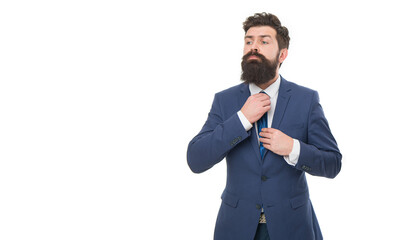 Serious professional business man businessman ceo fixing necktie formal business suit studio