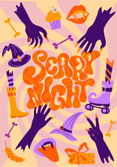 Vector set of Halloween party invitations or greeting cards with handwritten calligraphy and traditional symbols. Vector illustration