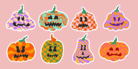 Cute retro textured pumpkin funny pumpkins with different faces isolated vector symbols set Happy halloween pumpkin characters.
