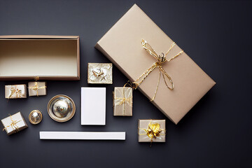 Gift boxes wrapped with craft paper on black background. 3D rendering