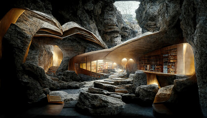 AI generated image of a conceptual modern library built inside an old cave  - obrazy, fototapety, plakaty