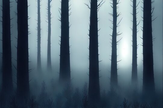 Dark Spooky foggy pine scary forest in Night.High quality illustration