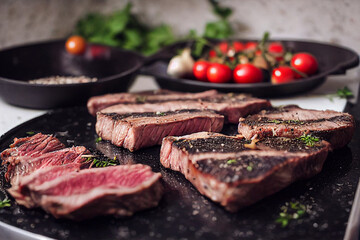 steak with rosemary and spices grilled with tomatoes and spices