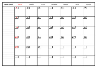 Monthly carlendar January 2023 planner