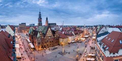 Wroclaw rynek panoramic aerial shot in the evening.