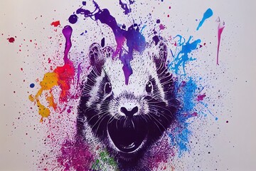 Illustration of colorful gopher in paint splashes. Majestic portrait. Big head of animal, dripping oil and water painting of a wild mammal. Watercolor drawing. 3D illustration.