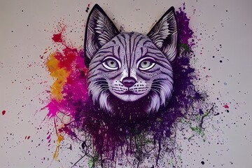 Illustration of colorful lynx in paint splashes. Majestic portrait. Big head of animal, dripping oil and water painting of a wild mammal. Watercolor drawing. 3D illustration.