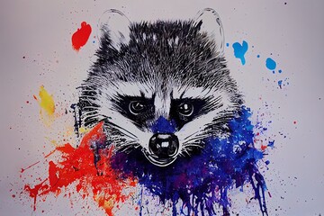 Illustration of colorful racoon in paint splashes. Majestic portrait. Big head of animal, dripping oil and water painting of a wild mammal. Watercolor drawing. 3D illustration.
