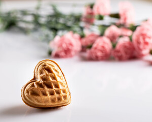 waffle heart dessert with pink flowers carnations gift for girlfriend