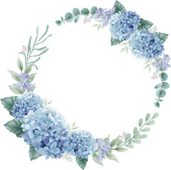 Wreath of hydrangea flowers and eucalyptus