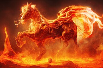 A Fantasy fire horse stallion running from hell through a rocky lava landscape. 3D illustration. A hellish theme for Halloween night.