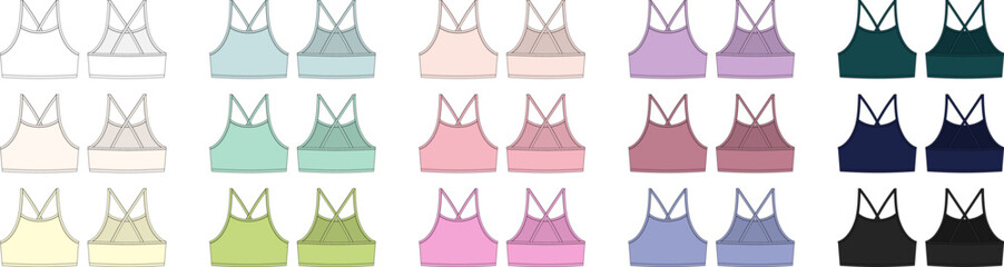 Set of girl bralette technical sketch. Women's top bra with straps underwear design template collection