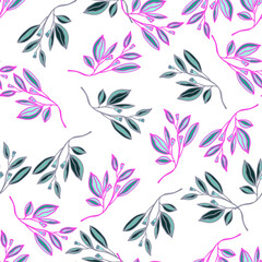 Romantic leaves and flower seamless pattern. Vintage style floral wallpaper. Cute plants endless backdrop