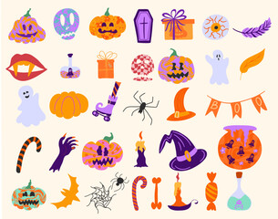 Vector set retro groovy elements for Halloween party with handwritten calligraphy and traditional symbols for printing social media 